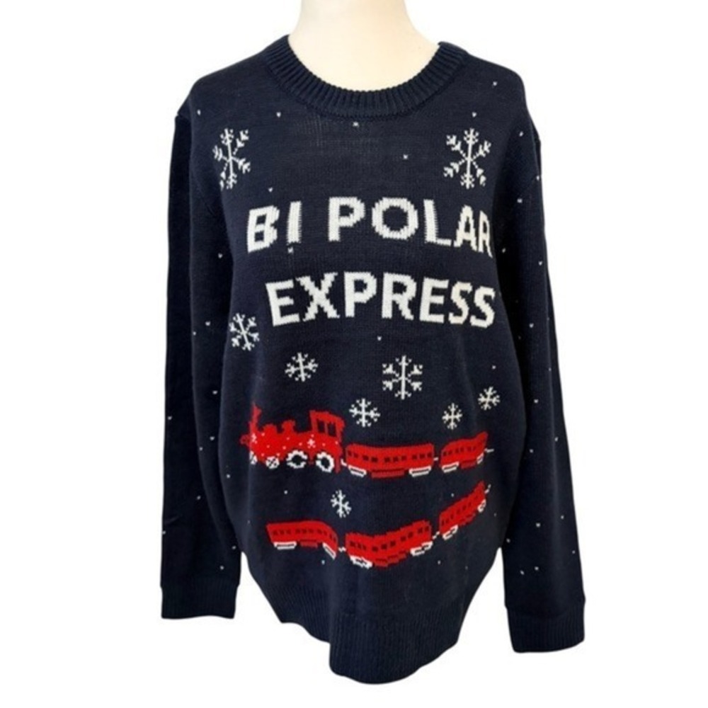 NEW Bi‎ Polar Express Women's Medium Funny Christmas Ugly Sweater Navy Blue